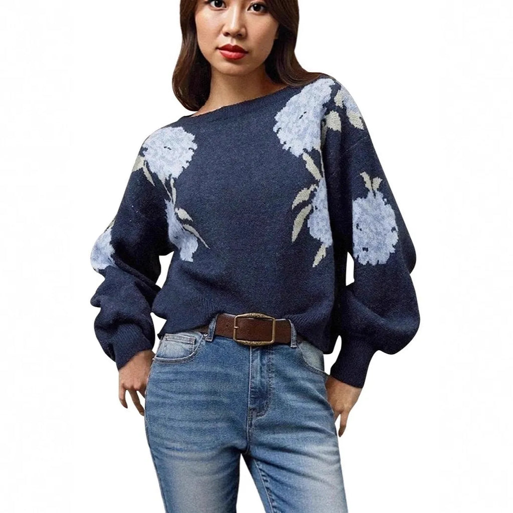 Sapphire blue women's pullover with flower jacquard pattern, loose casual fit with long sleeves