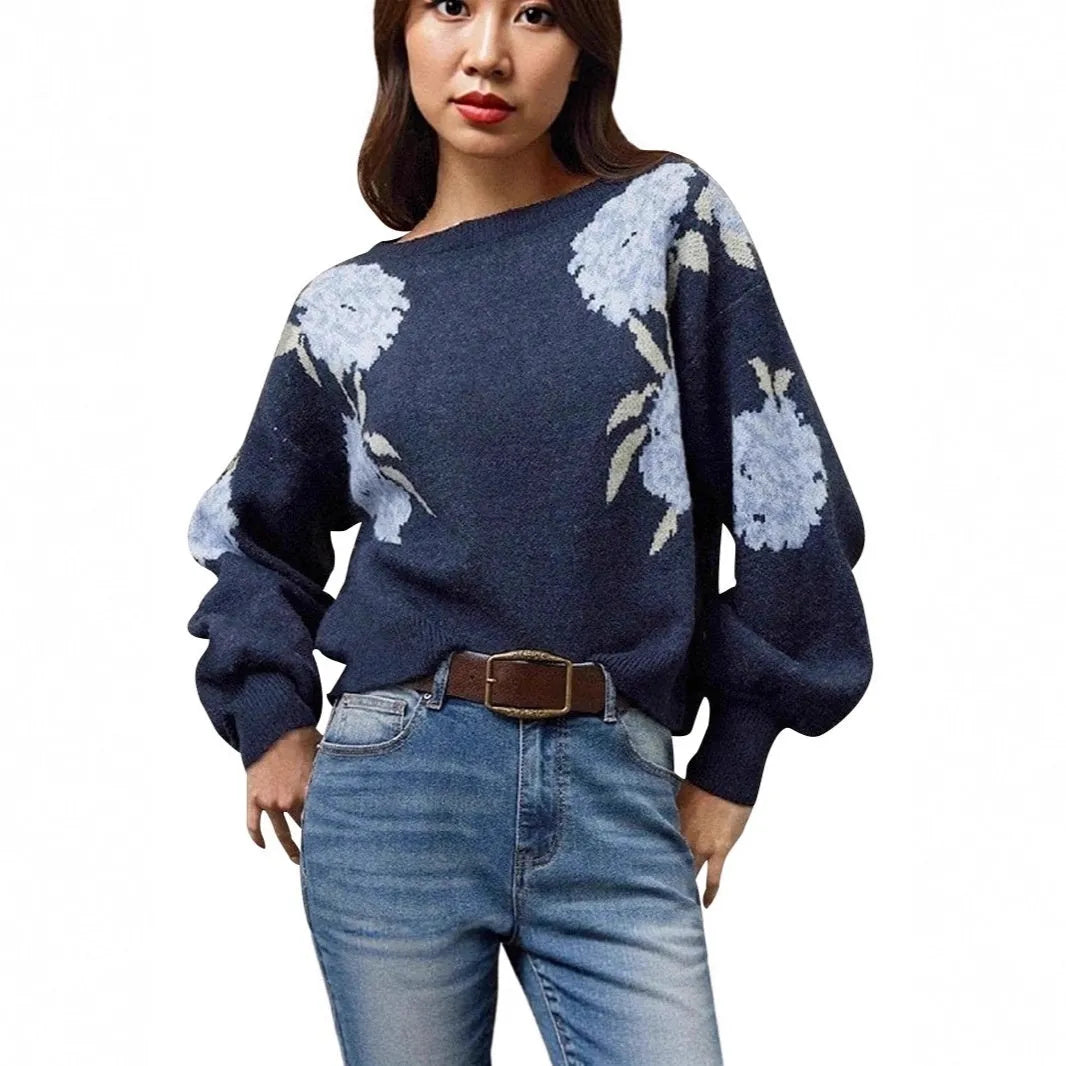 Sapphire blue women's pullover with flower jacquard pattern, loose casual fit with long sleeves