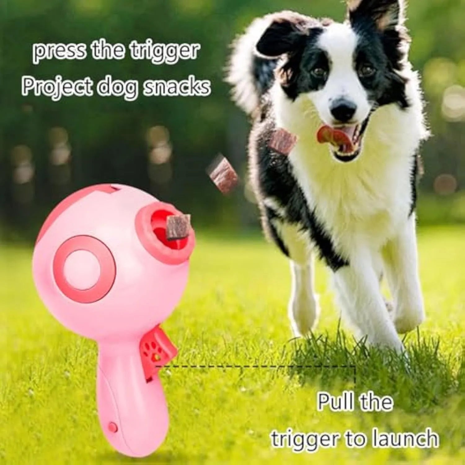 Green dog treat launcher toy measuring 15.5cm with anti-leak design for interactive play