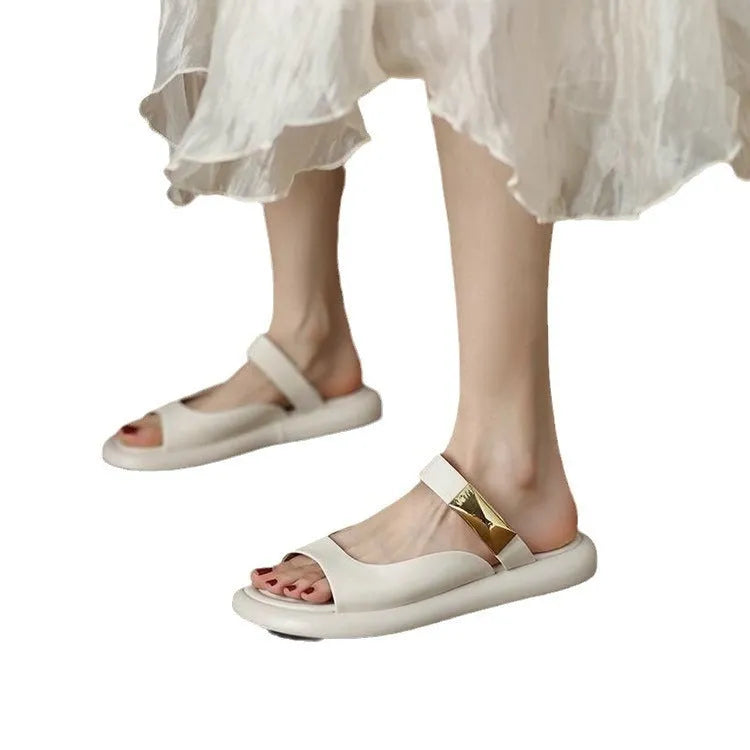 Women's apricot French leather peep toe platform sandals with rubber sole for outdoor casual wear