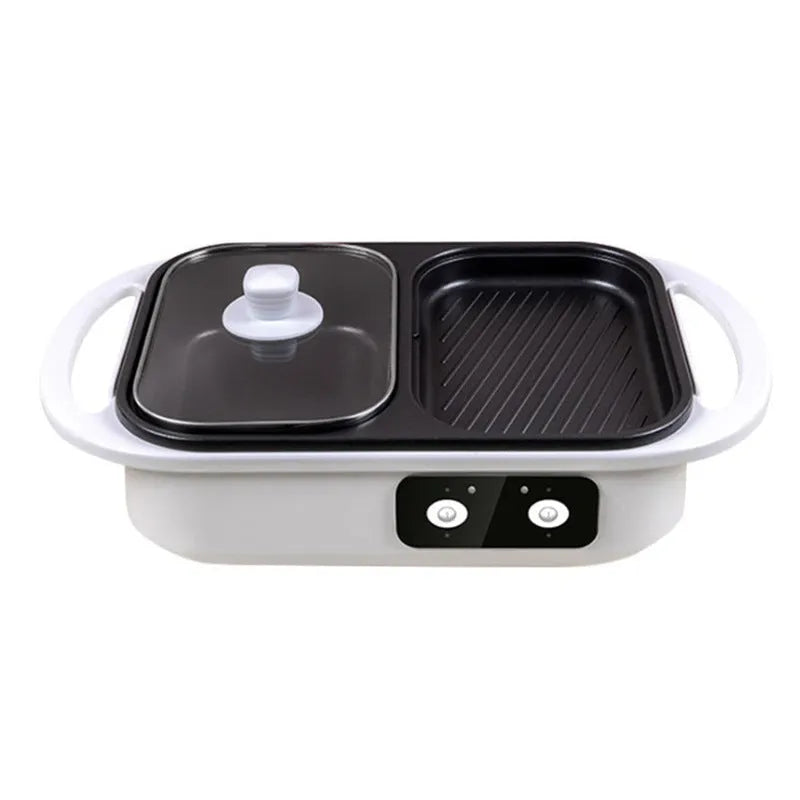 White or green household electric hot pot and frying cauldron oven with mechanical dials, 390mm wide.