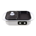 White or green household electric hot pot and frying cauldron oven with mechanical dials, 390mm wide.