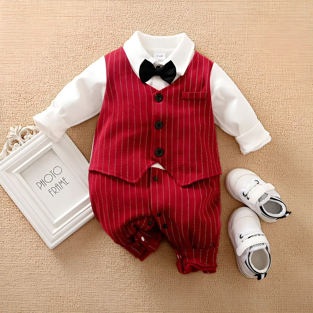 Wine red cotton baby boy romper with long sleeves and gentleman styling