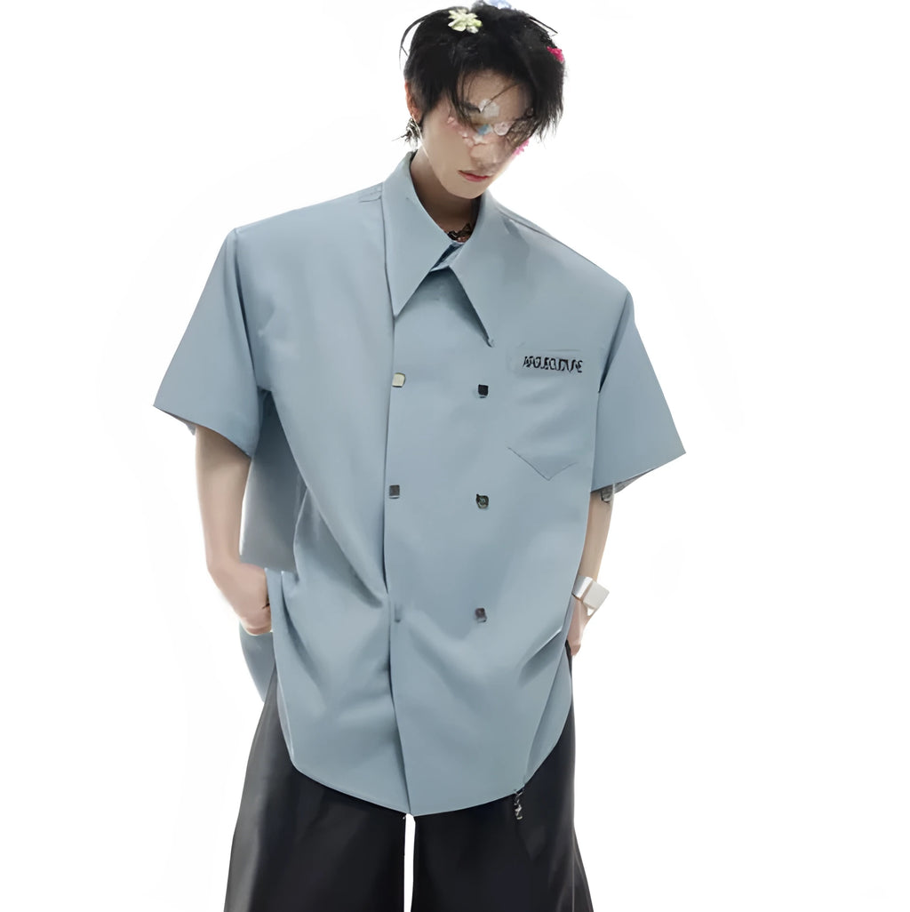 Men's casual short-sleeved shirt with lapel collar and decorative splicing details