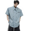 Men's casual short-sleeved shirt with lapel collar and decorative splicing details