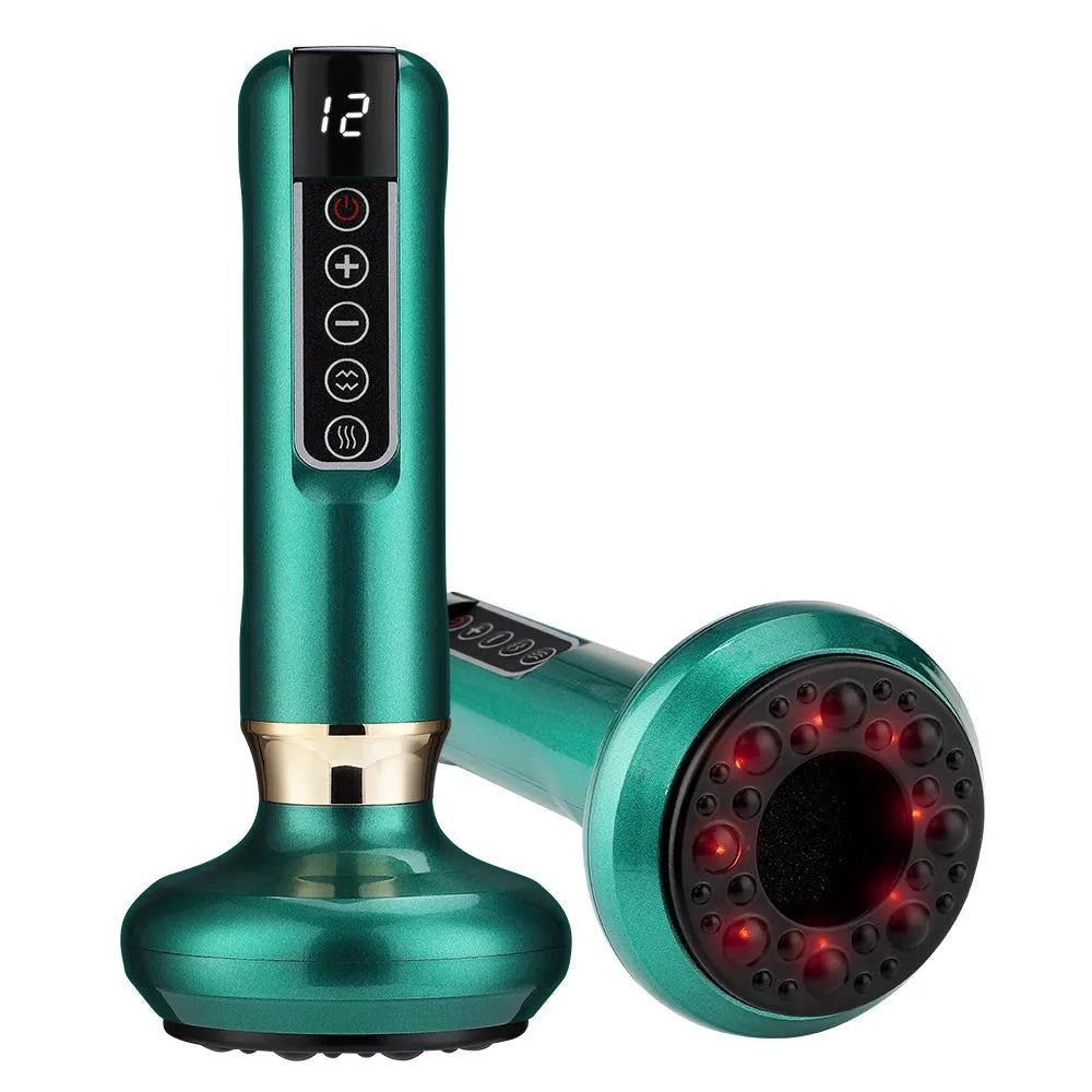 Green electric vacuum cupping massager with suction cup head on a white background
