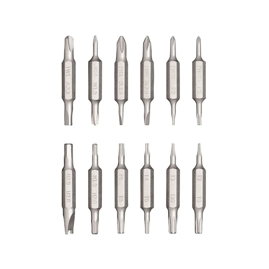 Green 24 in 1 electronics repair screwdriver set with magnetic bit storage and prism grip handle.