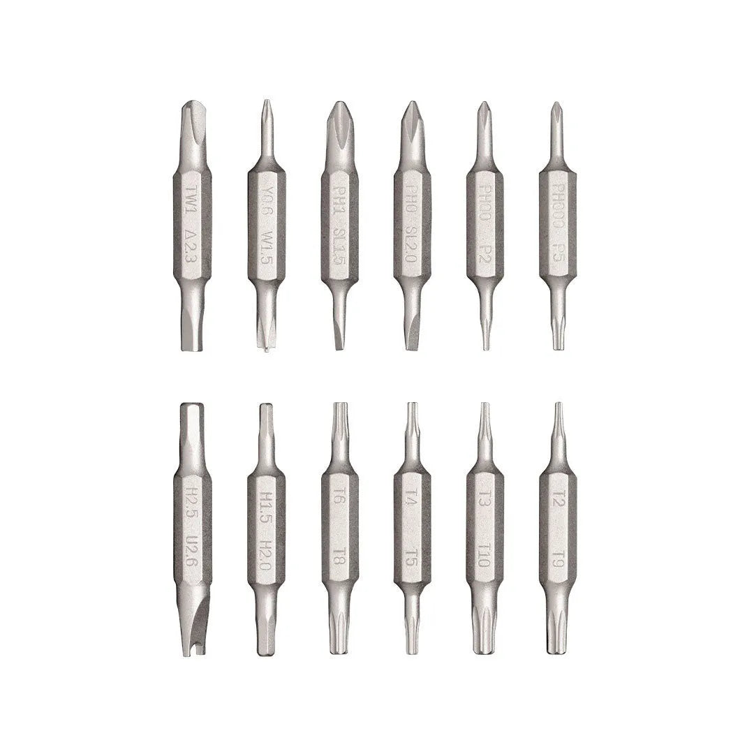 Green 24 in 1 electronics repair screwdriver set with magnetic bit storage and prism grip handle.