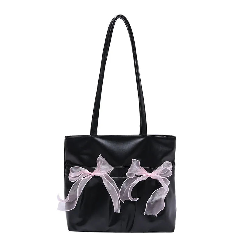 College style bow tote bag in black PU with double straps large capacity for women
