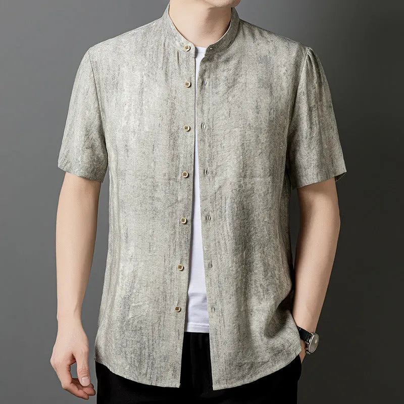 Men's grey linen blend short sleeve cardigan shirt with stand collar on a hanger