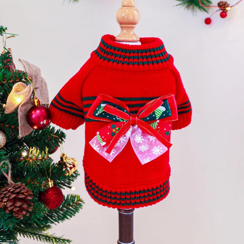Dog wearing red Christmas jumper with festive holiday motifs, polyester pet sweater for seasonal wear