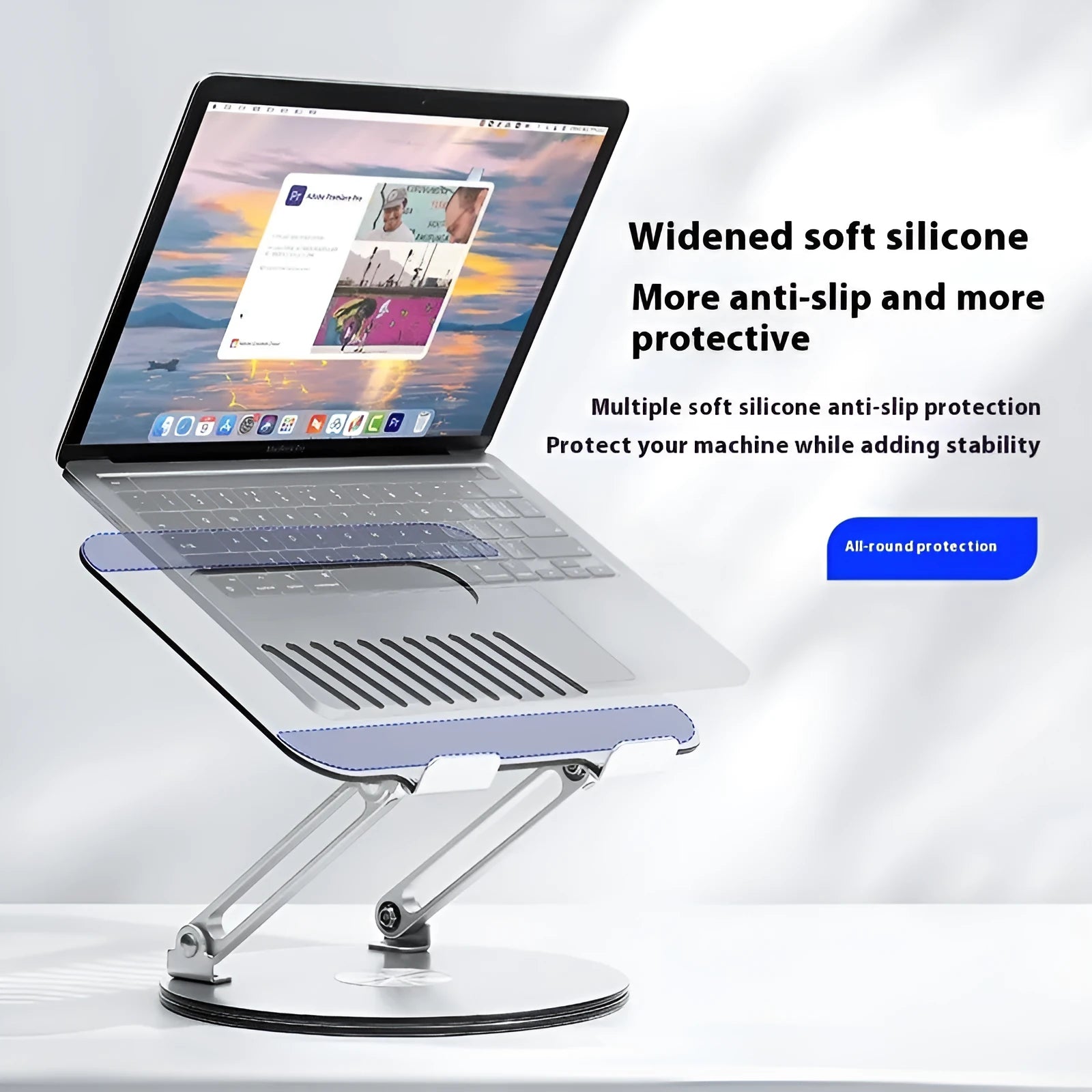 Silver aluminium laptop stand with height adjustment and rotation capability