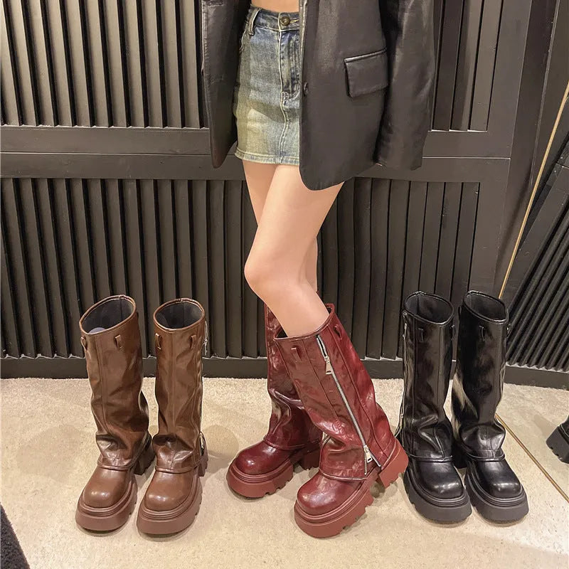 Women's platform muffin pants Martin boots with square heel in black, brown, and wine red options