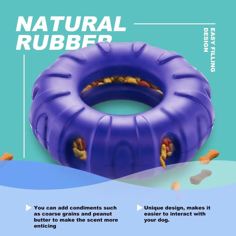 Blue durable natural rubber dog chew toy shaped like a tyre with oval openings.