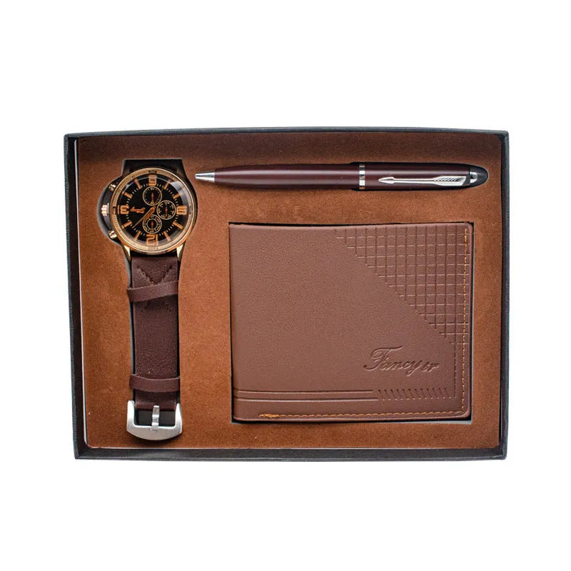 Business gift set containing a watch, wallet, and pen in a gift box, shown in brown and black colour options.