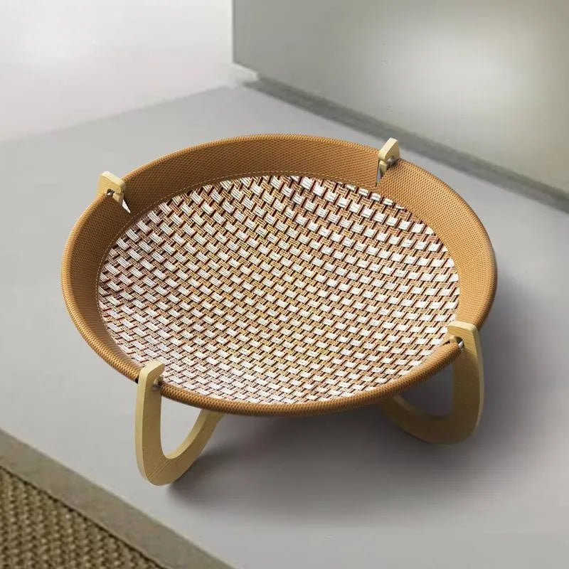 Brown woven rattan pet hammock bed measuring 46cm with off-ground design for cats and dogs