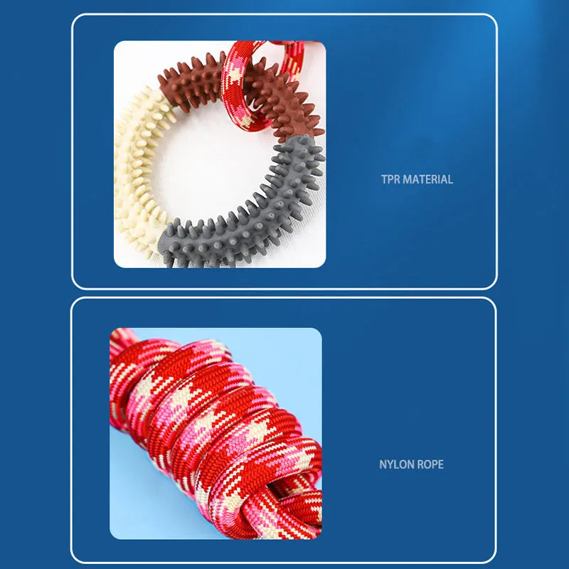 Blue braided rope dog toy with knots, shown next to a red and a rose red version for size comparison.