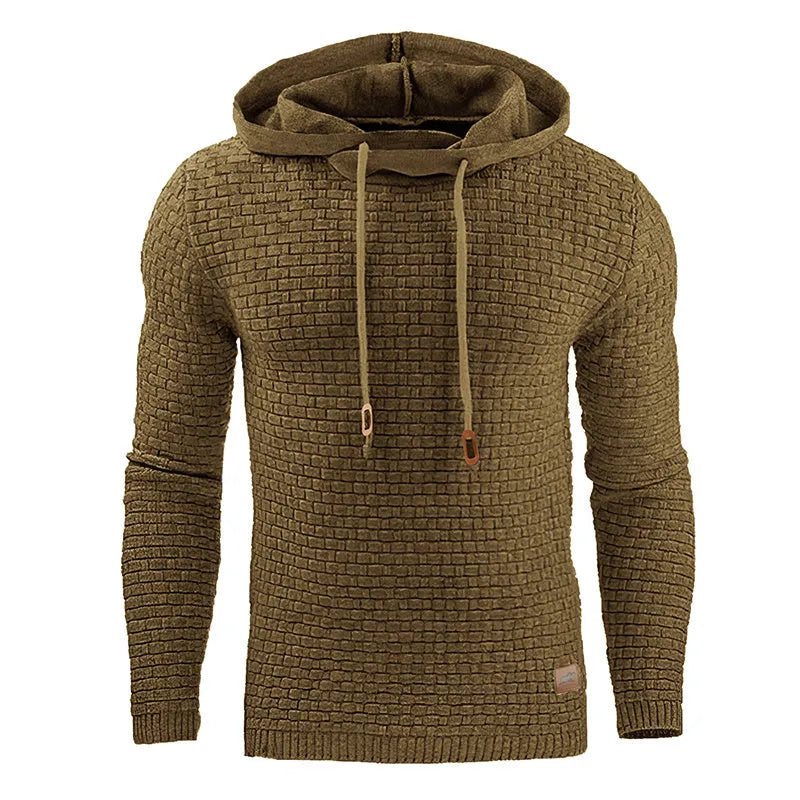 Men's cotton-polyester hooded sweatshirt shown in various colours including black, navy, and red.