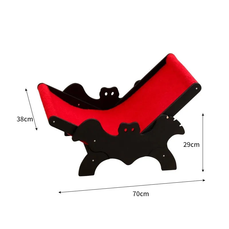 Black and red Halloween bat design wooden cat recliner bed, model MW-054, on a white background.