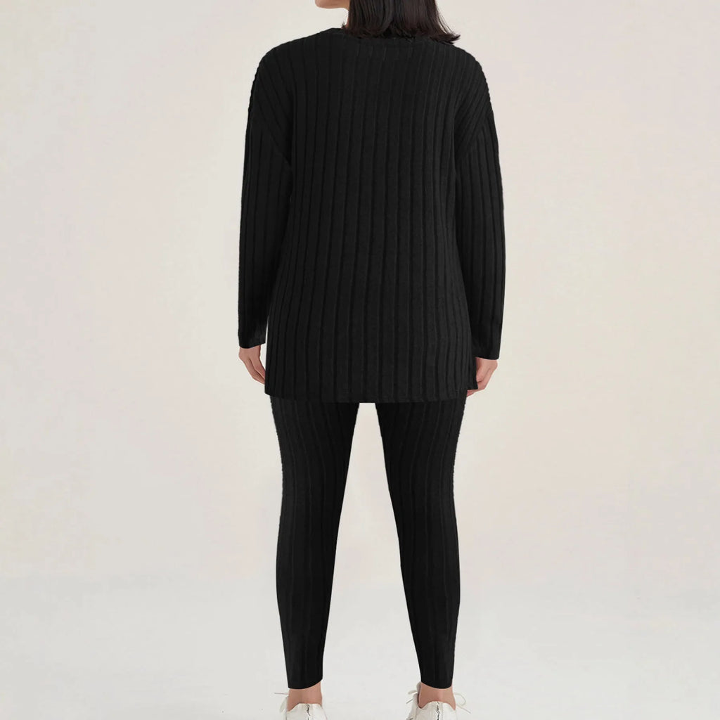 Women's black sunken stripe polyester two-piece loungewear set with top and pants