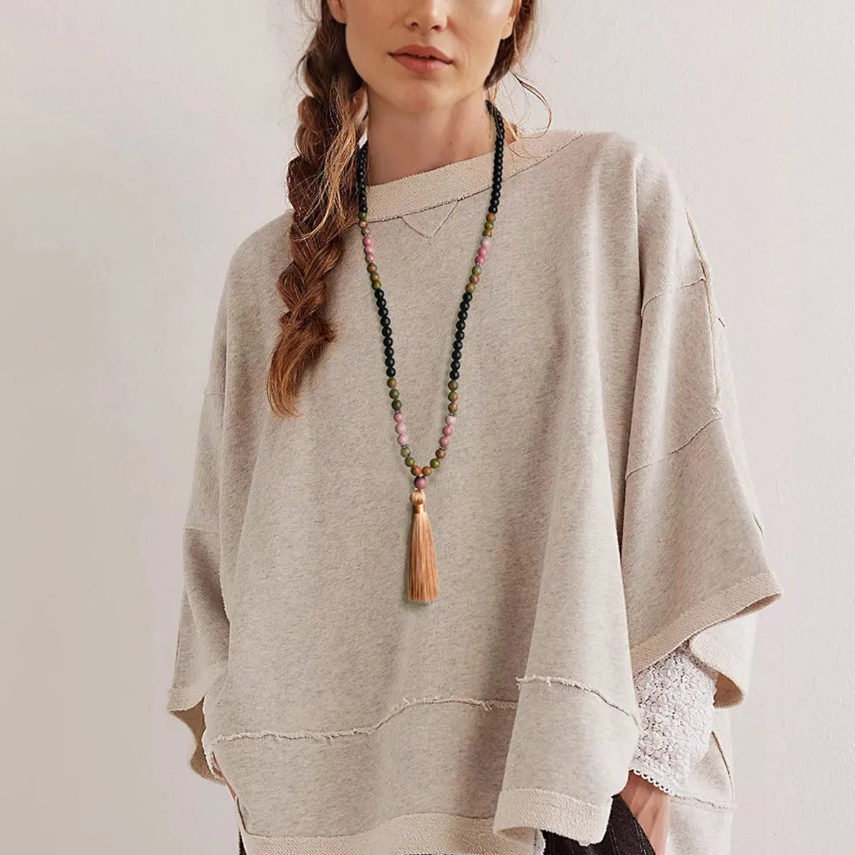 108 natural stone tassel long necklace with mixed gem pendant in boho style, unisex, 81cm plus circumference