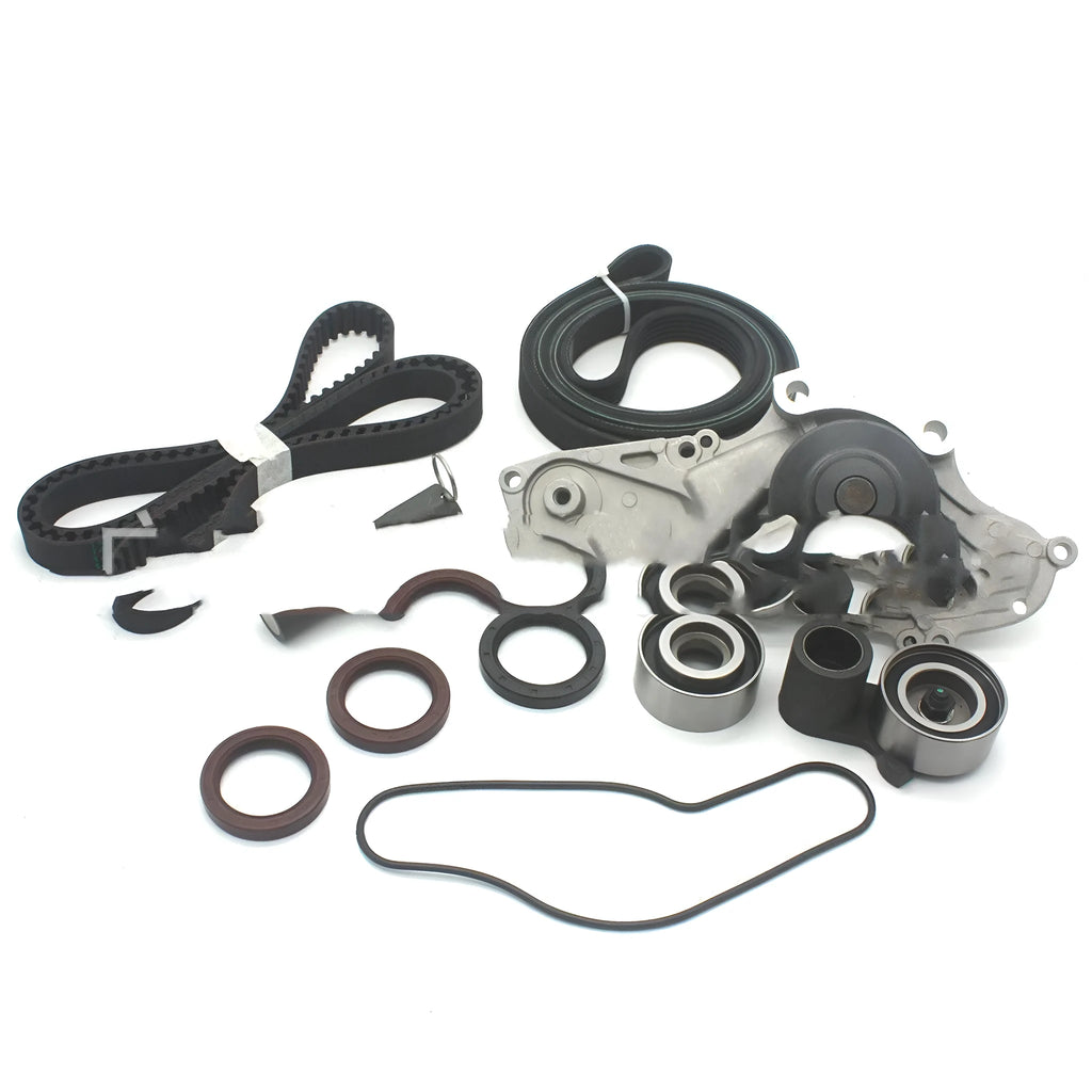 Metal belt and water pump assembly kit measuring 28cm by 18cm by 16cm