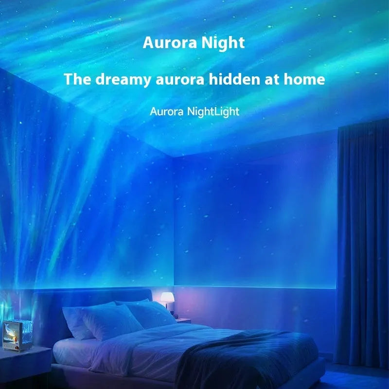 Aurora Treasure Box atmospheric projection lamp projecting Star Sea Whale light pattern on a dark wall.