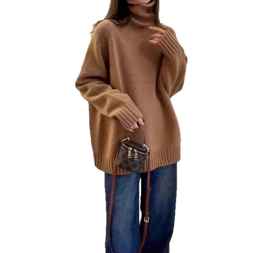 Women's loose turtleneck sweater with thick curling pile collar in red, camel, grey, or black.