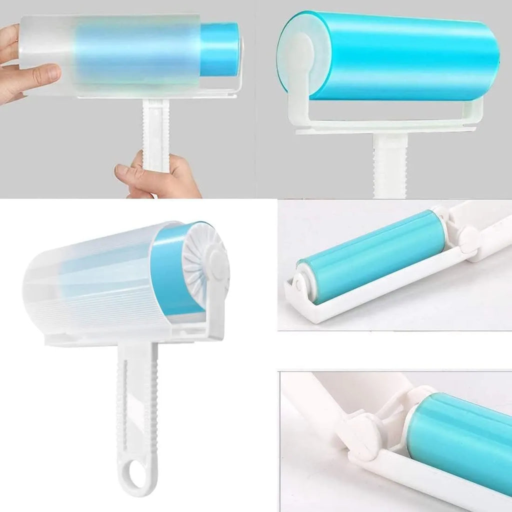 Blue reusable lint roller with cover for removing pet hair from fabrics