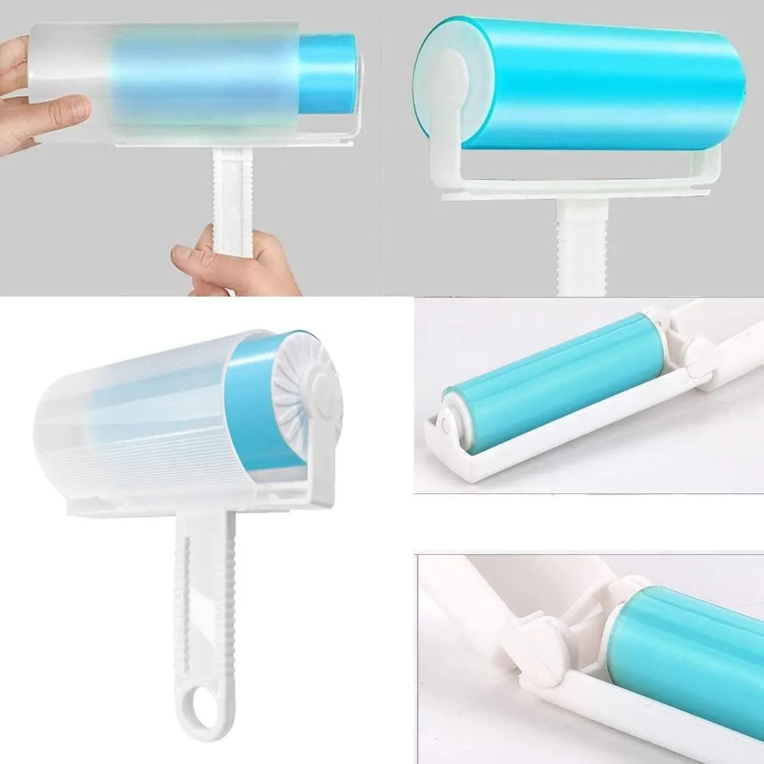 Blue reusable lint roller with cover for removing pet hair from fabrics