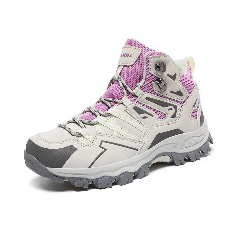 High-top hiking sneakers in multiple colours with lace-up front and rubber sole.