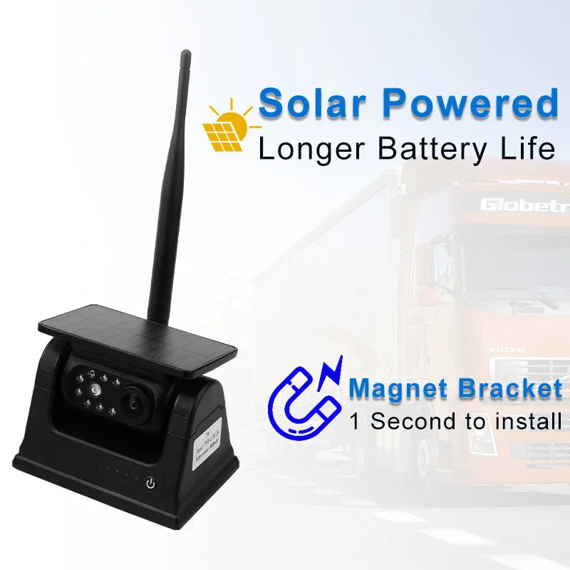 Solar wireless charging reversing camera with magnet suction mount and aluminium alloy shell