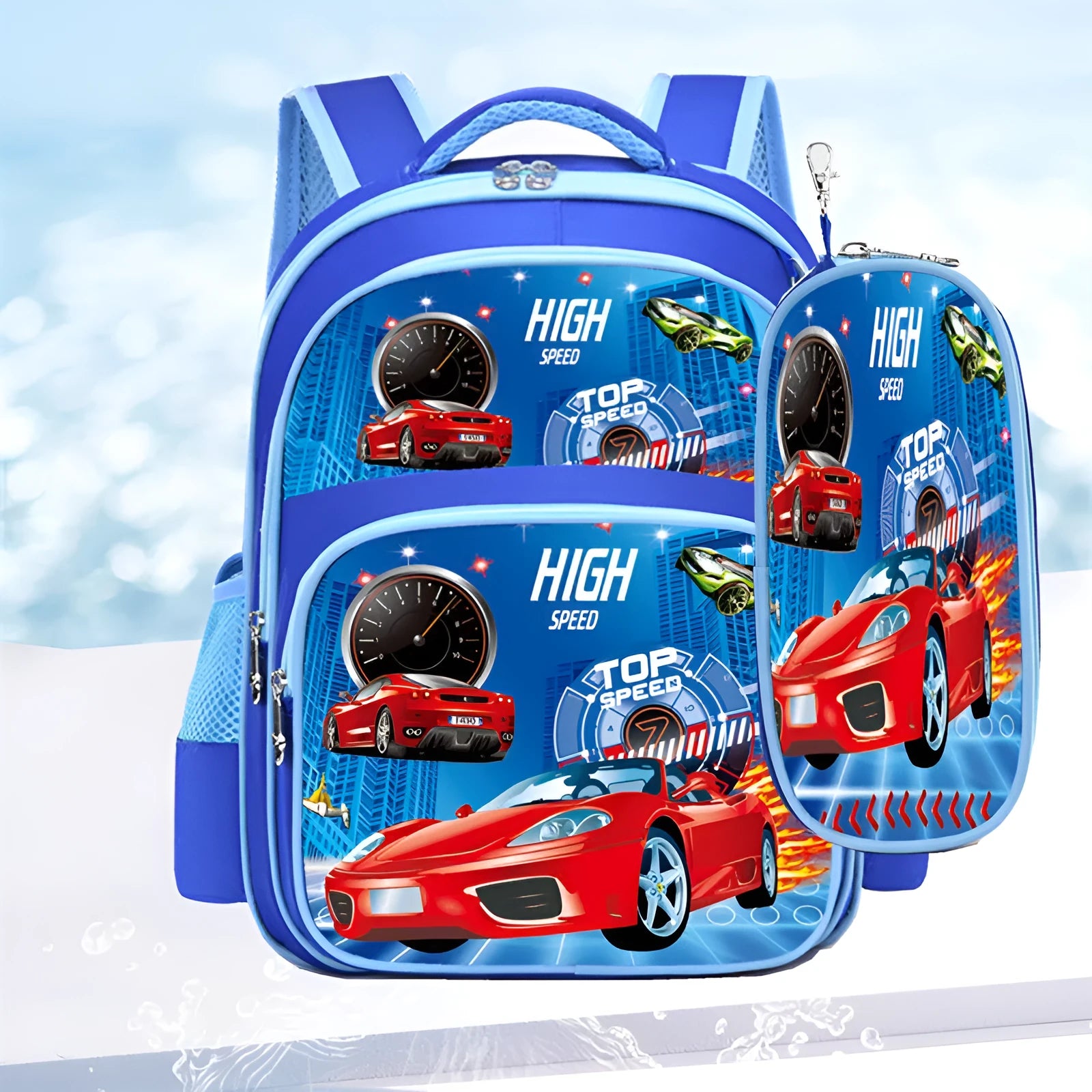Blue children's nylon backpack with cartoon print, shown with included pencil case.