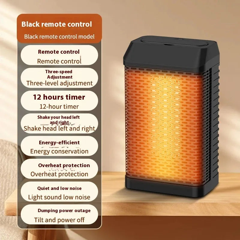 Black remote control desktop warm air blower heater showing compact size and control panel.