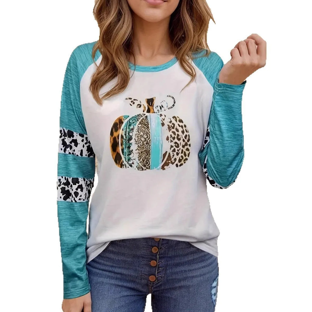 Halloween pumpkin 3D digital print sky blue casual T-shirt on white background