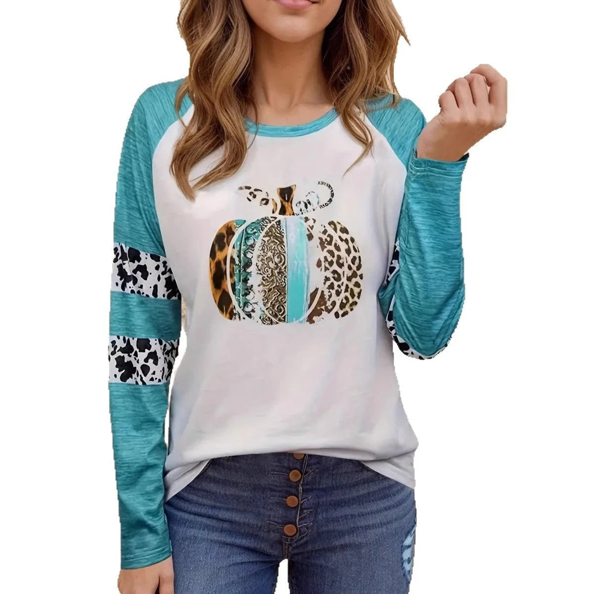 Halloween pumpkin 3D digital print sky blue casual T-shirt on white background