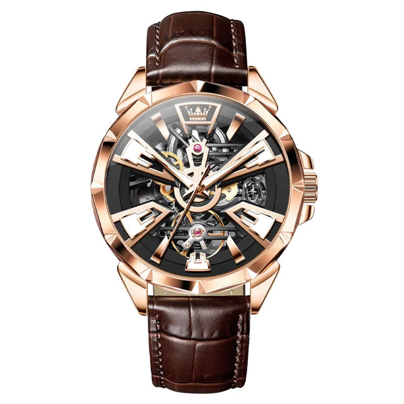 Men's automatic mechanical watch with hollow dial visible movement and transparent case back