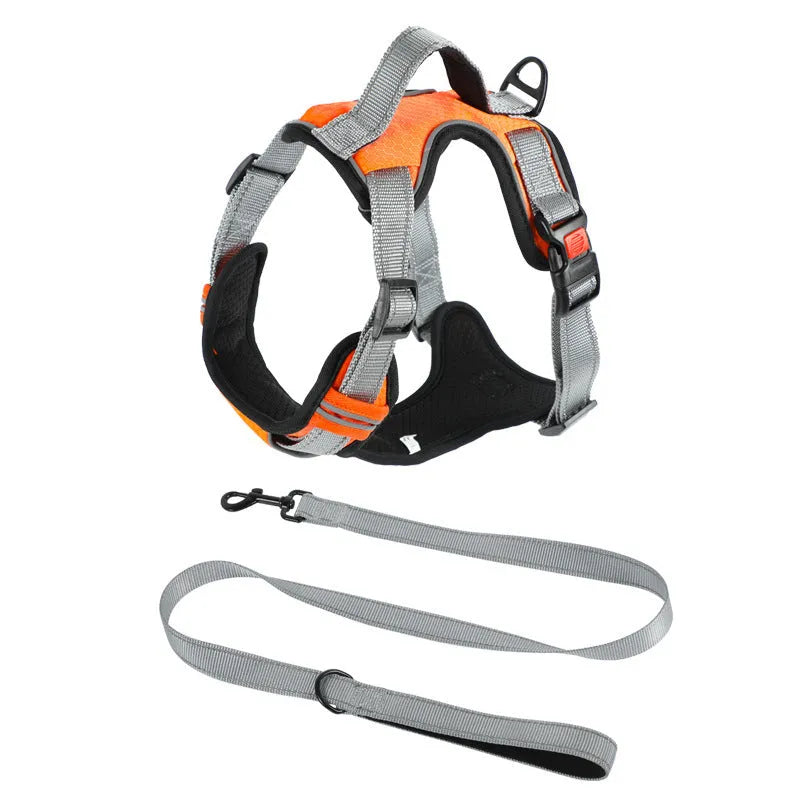 Polyester dog hand holding rope vest chest strap in orange with back panel and handle