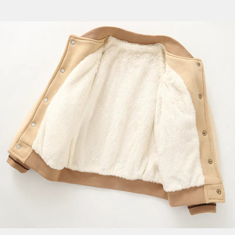 Children's fleece-lined baseball coat in cotton, light milk tea colour, with front buttons and stand collar