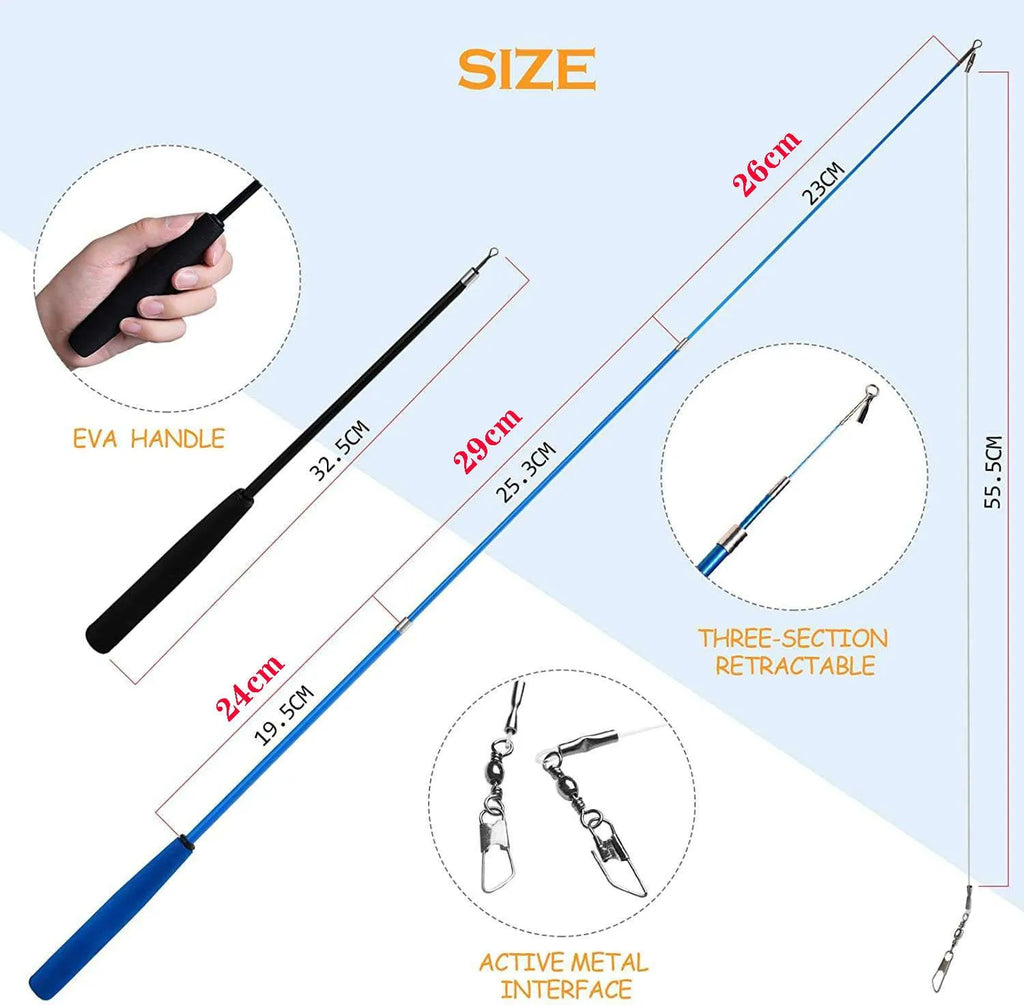Multi-colour cat fishing rod toy set with telescopic poles and feather attachments