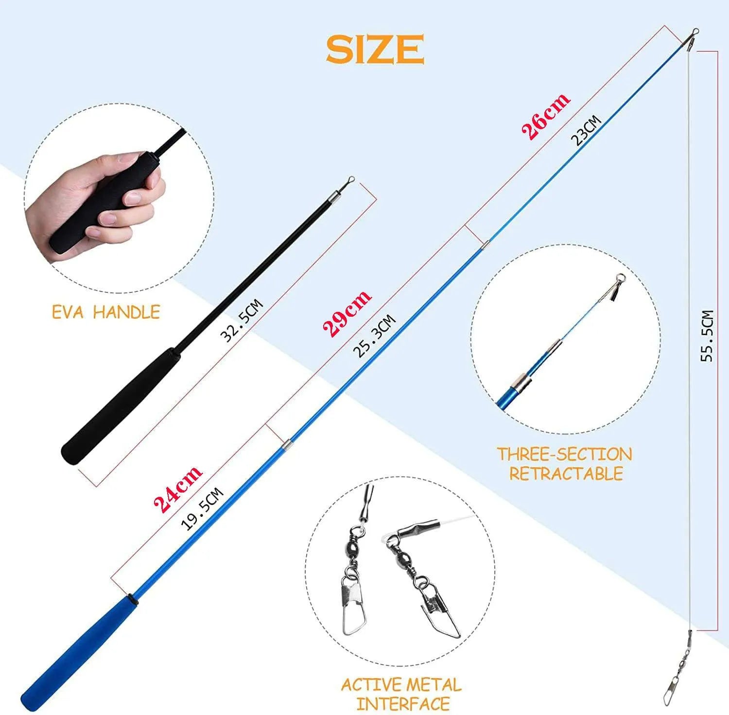 Multi-colour cat fishing rod toy set with telescopic poles and feather attachments