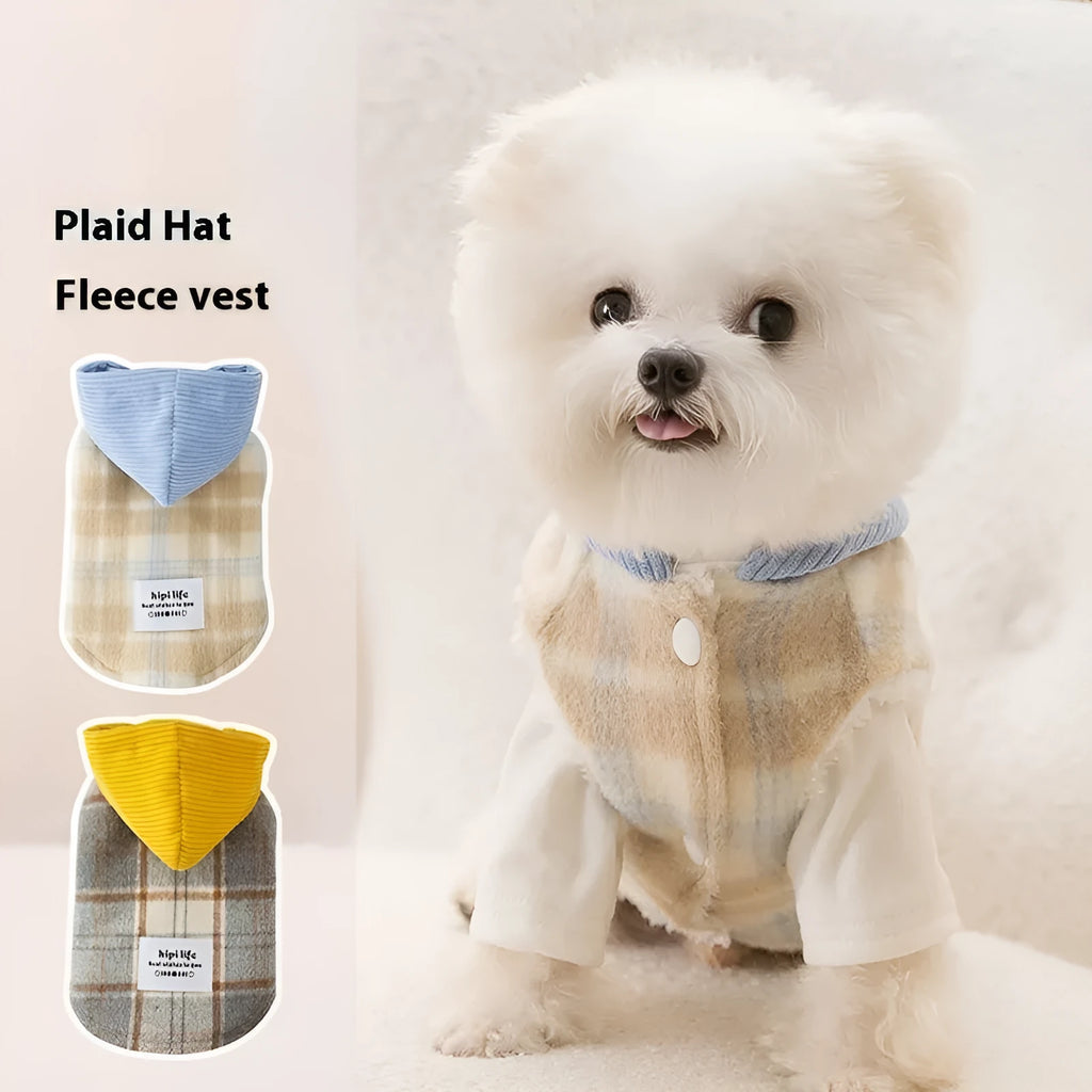 Blue corduroy dog hoodie with a black and white chessboard grid pattern and a hood.