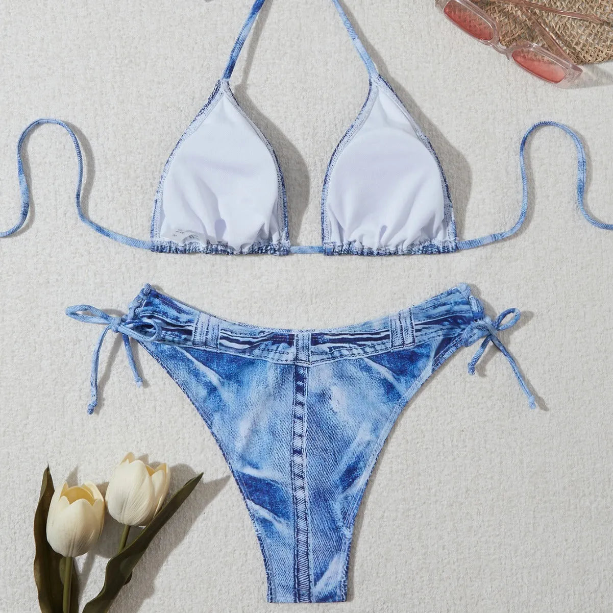 Women's denim print bikini set with strap details in blue colour
