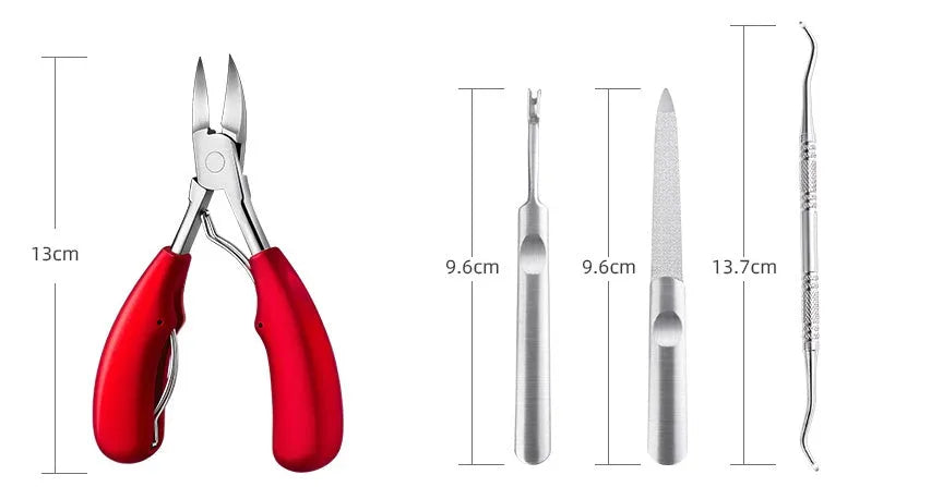 Stainless steel nail clippers set with red cuticle pusher, dead skin scissors, and coloured ABS handles.
