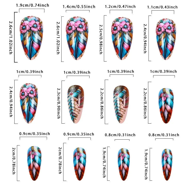 Colourful feather wear armor nail art set with jelly glue burnishing stick featuring retro designs