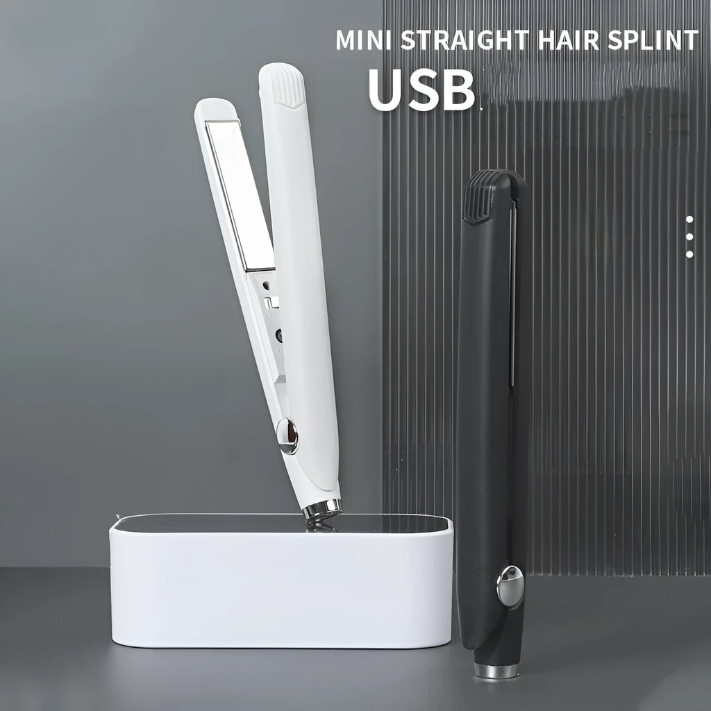 Mini USB hair curler and straightener dual-use 16W black on white background 2cm x 19cm