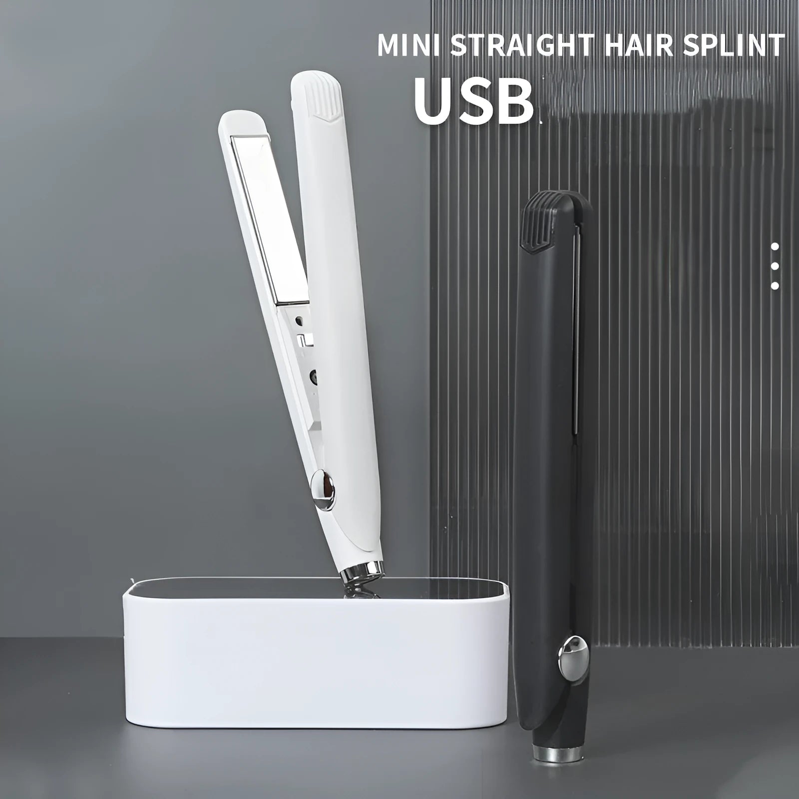 Mini USB hair curler and straightener dual-use 16W black on white background 2cm x 19cm