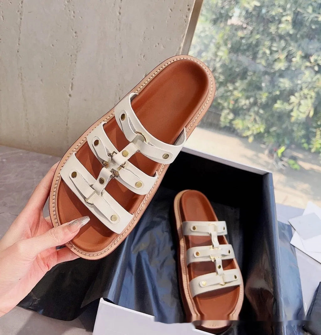 Women's retro Roman style sandal slippers in patent leather sheepskin available in white, black and brown colours