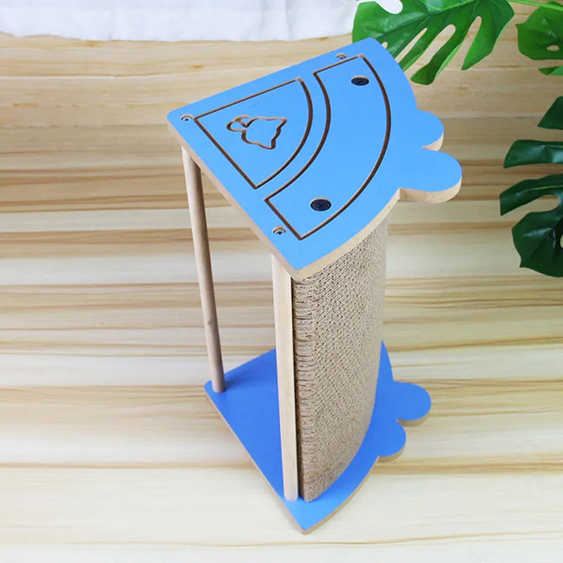 Cat corner scratching pad mounted on wall with replaceable scratching board and hanging ball