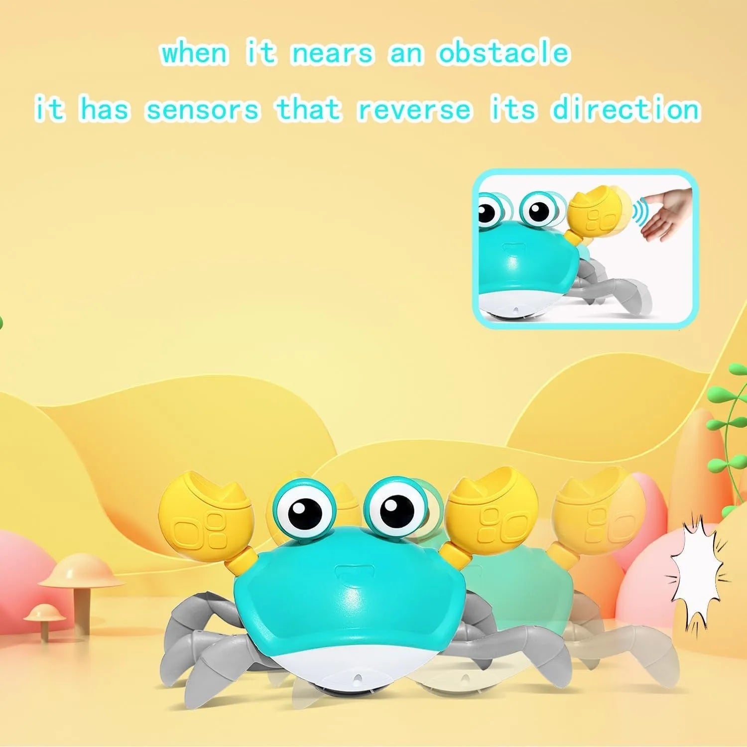Blue or red electronic crawling crab dog toy with lights, shown next to its USB charging cable.